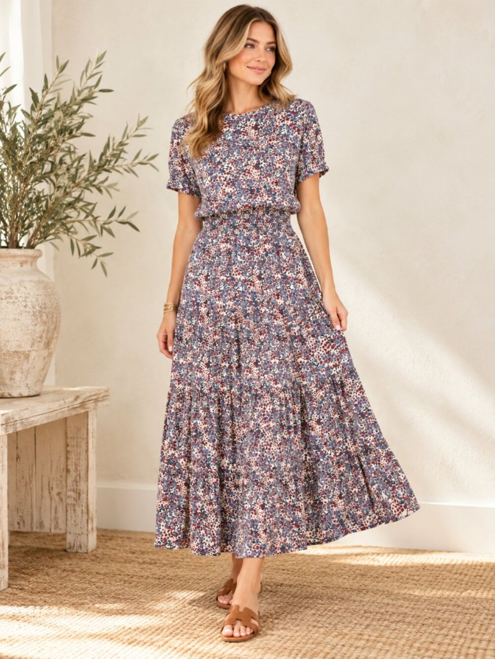 NATION LTD Martine Cherry Blossom Floral Smocked Maxi Dress XS